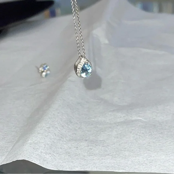 Blue Topaz,Diamonds & Silver Necklace w/Pendant & Pierced Earrings - Picture 10 of 14